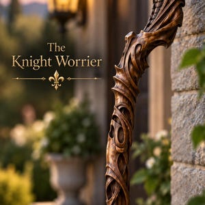May include: A brown wooden walking stick featuring a carved cobra head at the top with an open mouth and fangs. The shaft has intricate, swirling, organic carvings throughout. The text "The Knight Worrier" is printed in gold with a fleur-de-lis symbol.
