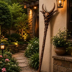 May include: A tall, bronze-colored staff featuring a detailed skull topper with two large, curved horns. The shaft of the staff is textured with intricate, vine-like carvings that spiral from the base up to the skull, creating a continuous, organic design.