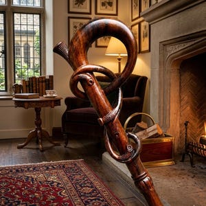 May include: A dark brown wooden walking stick featuring a polished finish and a curved, looped handle design. The shaft displays a smooth, rounded texture with intricate carved details near the top and bottom, showcasing a natural wood grain.
