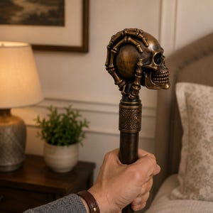 May include: A walking cane featuring a metallic bronze-toned handle shaped like a human skull with skeletal fingers wrapped around the cranium. The handle sits atop a dark, cylindrical shaft with a decorative band featuring circular patterns.