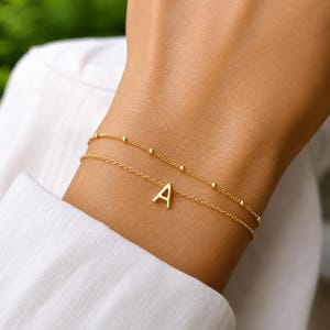 Personligt armband med dubbel initial, dubbeltjock berlock i rostfritt stål, justerbar kedja, handgjorda smycken tillverkade i Frankrike