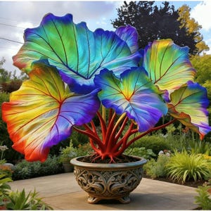 May include: A large potted plant featuring broad, heart-shaped leaves with a vibrant gradient of rainbow colors including blue, purple, yellow, and orange. The plant has thick, bright red stems and sits in a decorative, ornate gray stone planter.