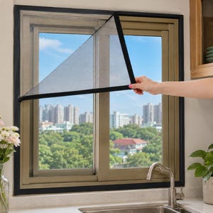 Puede incluir: Una mosquitera rectangular con marco negro y panel de malla fina. La pantalla está parcialmente levantada en una esquina, revelando una vista de un paisaje urbano y árboles a través del cristal de la ventana, situada sobre un fregadero.