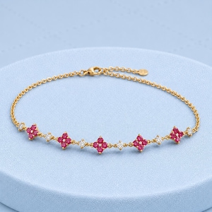 Ruby Flower Bracelet, 14K Gold Floral Bracelet, Diamond Gemstone Tennis Bracelet, Dainty Bridal Jewelry, Simple Everyday Bracelet, Gifts Her