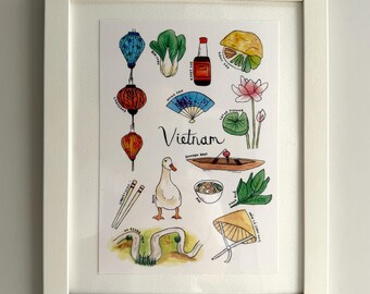 Stampa ad acquerello del Vietnam / Illustrazione di cibo e cultura vietnamita (A4)