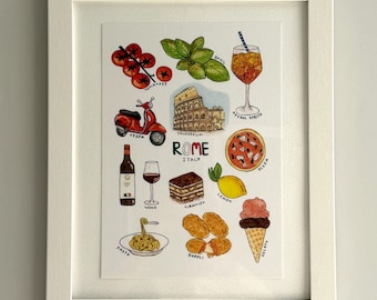 Roma, Italia, Stampa ad acquerello / Illustrazione del Colosseo, del cibo e dei monumenti (A4)