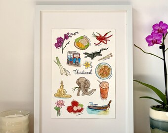 Stampa ad acquerello della Thailandia / Illustrazione di cibo e cultura thailandese (A4)