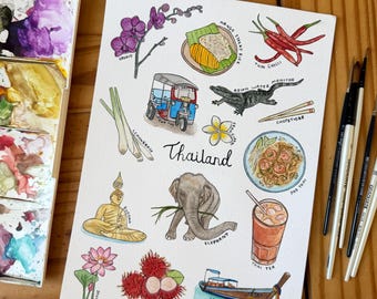 Stampa ad acquerello della Thailandia / Illustrazione di cibo e cultura thailandese (A5)