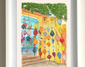 Stampa di lanterne di Hoi An, Vietnam / Illustrazione ad acquerello del Vietnam (A4)