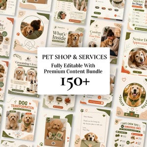 Puede incluir: Un paquete de contenido de marketing digital para tiendas de mascotas y servicios que incluye más de 150 plantillas editables. La colección presenta varios diseños gráficos con fotografías de perros, textos e iconos en una paleta de colores neutros.