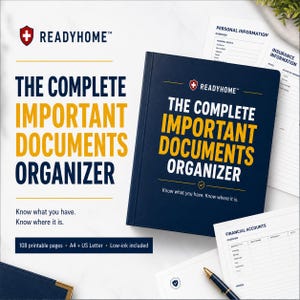 May include: A dark blue document organizer binder with the text READYHOME, THE COMPLETE IMPORTANT DOCUMENTS ORGANIZER, and Know what you have. Know where it is. printed on the cover. Includes printable pages for personal and financial information.