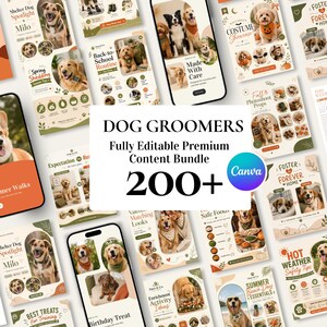 Puede incluir: Un paquete de contenido digital para peluqueros caninos con más de 200 plantillas editables. La colección incluye varios gráficos para redes sociales con fotografías de perros, superposiciones de texto y elementos de diseño en tonos neutros.