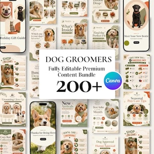 Puede incluir: Un paquete de contenido de marketing digital para peluqueros caninos con más de 200 plantillas editables. La colección muestra varios gráficos para redes sociales con imágenes de perros, texto y elementos de marca, centrados en un logo de Canva.