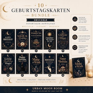 Könnte beinhalten: Ein digitales Set aus 10 druckbaren Geburtstagskarten mit dunkelblauem Hintergrund und goldenen Illustrationen von Himmelskörpern, Blumen und mystischen Motiven. Jede Karte zeigt Texte wie Happy Birthday, Make a Wish oder Birthday Blessings im A5-Format.