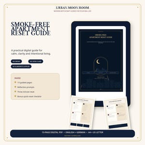 Könnte beinhalten: Ein digitaler Smoke-Free Apartment Reset Guide mit einem Tablet, das das Cover mit Mondsichel und Skyline zeigt. Enthält 13 geführte Seiten, Reflexionsfragen, einen Drei-Minuten-Reset und eine Bonus-Checkliste im PDF-Format für den Download.