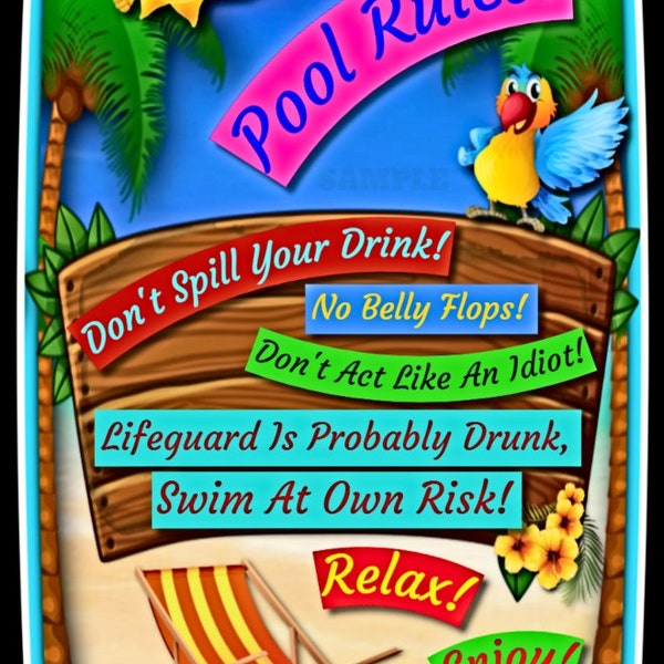 FUNNY POOL RULES! 8"x12" Distressed Metal Sign! Happy Hour Tiki Bar Hot Tub Tropical Beach Decor Margaritaville 5 O'Clock Somewhere