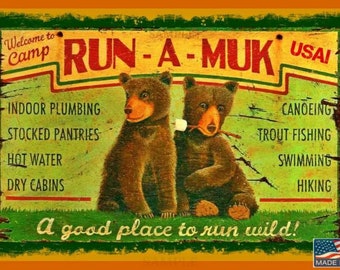 Camp Run A Muk Sign 8x12 Metal Sign Summer Camp Lake House Camping RV Tent Camp Fire Rustic Bear Welcome