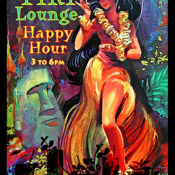 Tiki Lounge Happy Hour All Weather Distressed Metal Sign 8x12 Bar Luau Beach House Hula Dancer Torch Surf Shack Hawaiian Tropical