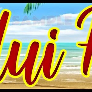 May include: A beach scene with palm trees and ocean waves in the background. The text "A Hui Hou" is written in red with a yellow outline.