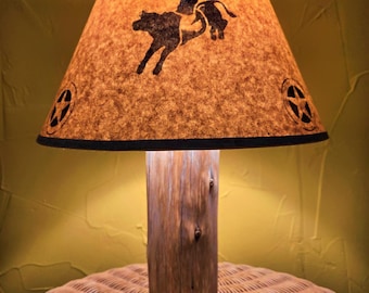 Rustic Cedar Lamp With Rodeo Rider Shade Included! Hand-Crafted In The USA! Perfect For Your Lodge Log Cabin Ranch Western Cowboy Decor!