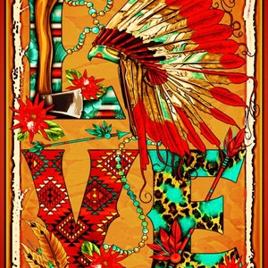 May include: Decorative sign with the word "LOVE" in a Native American theme. The letters are filled with patterns, feathers, and a headdress. The background is orange with a distressed look. The sign has a Made in USA label.