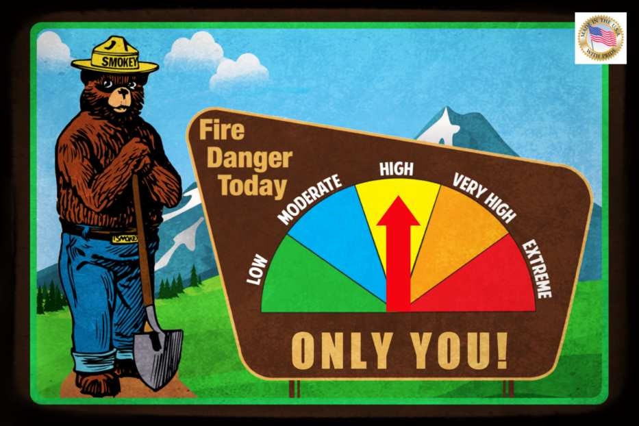 Fire Danger Sign With Adjustable Dial Smokey Bear 8"x12" Metal Made in USA U.S. Forest Service Rustic Log Cabin Lodge