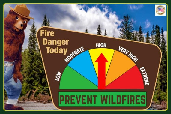FOREST SERVICE VINTAGE FIRE DANGER WARNING SIGN GAUGE ADJUSTS SMOKEY BEAR U.S