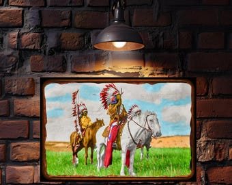 Native American Chief On Horseback Distressed All Weather 8x12 Metal Sign! Log Cabin Decor Medicine Man Indian Chief Lodge Ranch Tipi Decor