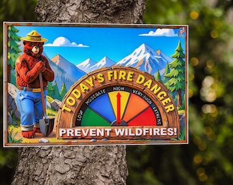 Fire Danger Sign With Adjustable Gauge Smokey Bear 8"x12" Metal Made in USA U.S. Forest Service Rustic Log Cabin Lodge