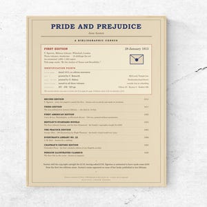Pride and Prejudice - Jane Austen First Edition Census Poster, Book Lover Gift image 1