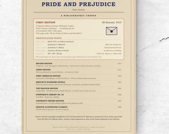 Pride and Prejudice - Jane Austen First Edition Census Poster, Book Lover Gift
