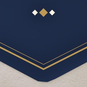 May include: A dark navy blue surface featuring a geometric design with two thin gold lines forming a V-shape at the bottom. Above the lines, there is a centered arrangement of three small diamonds, with a larger gold diamond flanked by two smaller white diamonds.