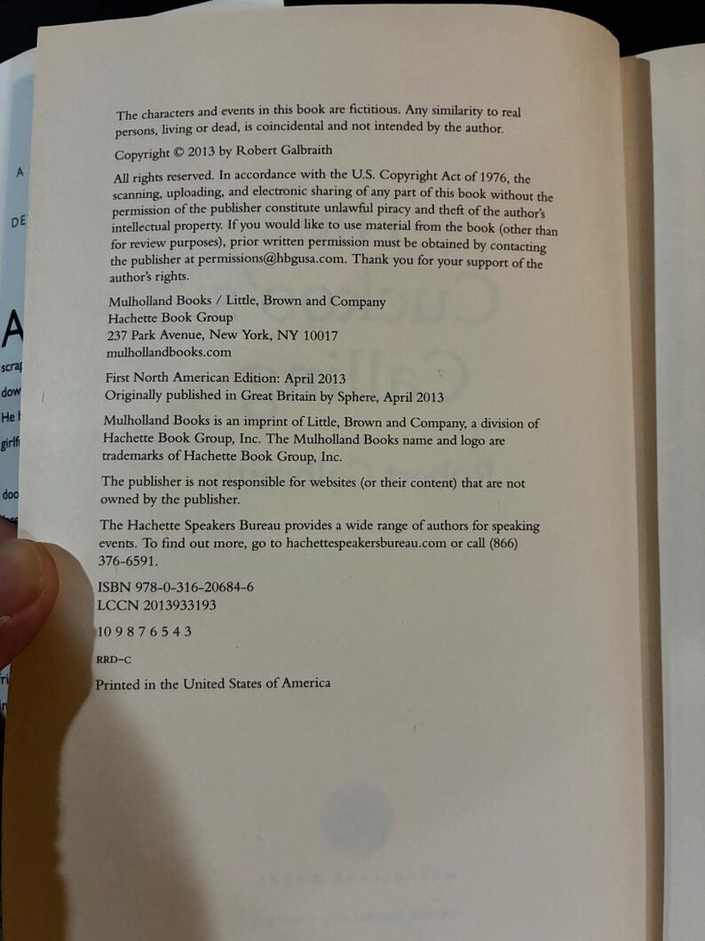 The Cuckoo's Calling by Robert Galbraith 2013 First Edition Third Printing Fine/Fine Hardcover image 3