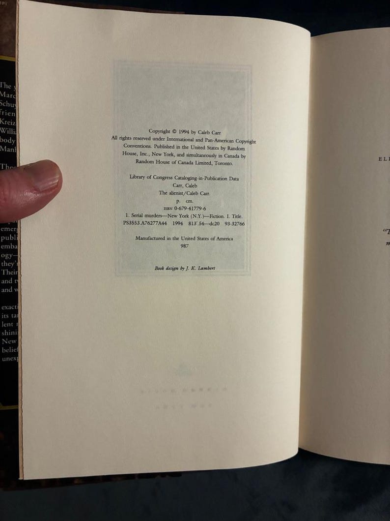 Alienisten av Caleb Carr 1994 Första upplagan 7:e tryckningen Nästan bra/Mycket bra bild 3