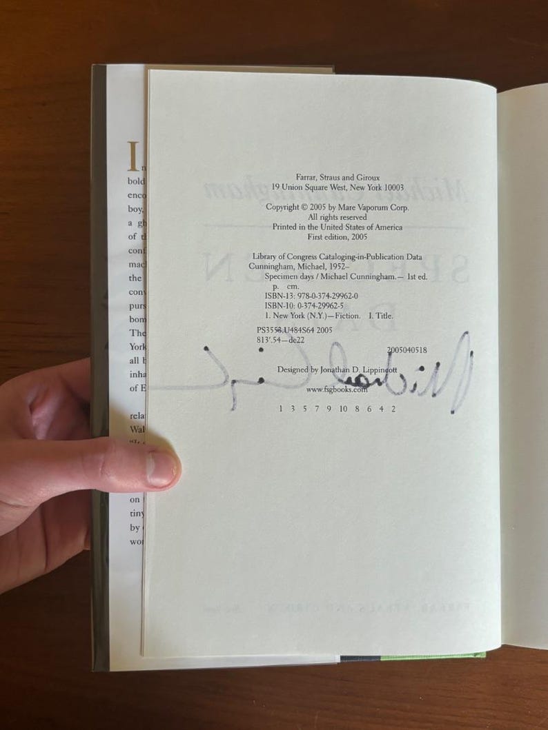 Signierte Erstausgabe (gebunden): Specimen Days von Michael Cunningham (Sehr gut/Nahezu neuwertig) Bild 4