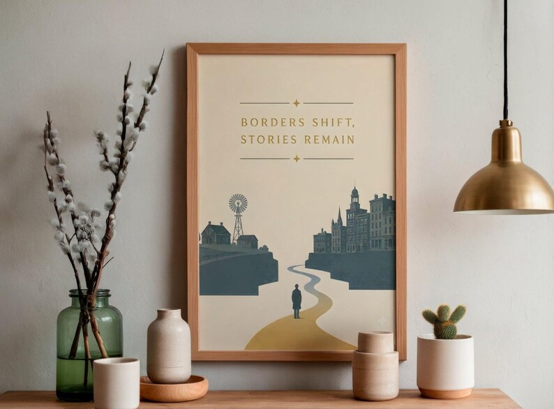 May include: A framed wall art print featuring a cream background with the text "BORDERS SHIFT, STORIES REMAIN" in gold. The illustration depicts a lone figure walking on a yellow path between a rural landscape with a windmill and a city skyline.