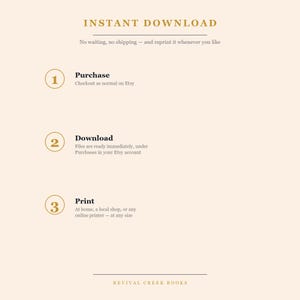 May include: An informational graphic on a light cream background with gold and black text. The header reads INSTANT DOWNLOAD. Three numbered steps are listed: 1. Purchase, 2. Download, and 3. Print, each with brief instructions. REVIVAL CREEK BOOKS is at the bottom.