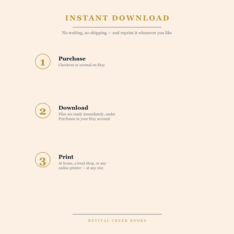 May include: An informational graphic on a light cream background with gold and black text. The header reads INSTANT DOWNLOAD. Three numbered steps are listed: 1. Purchase, 2. Download, and 3. Print, each with brief instructions. REVIVAL CREEK BOOKS is at the bottom.