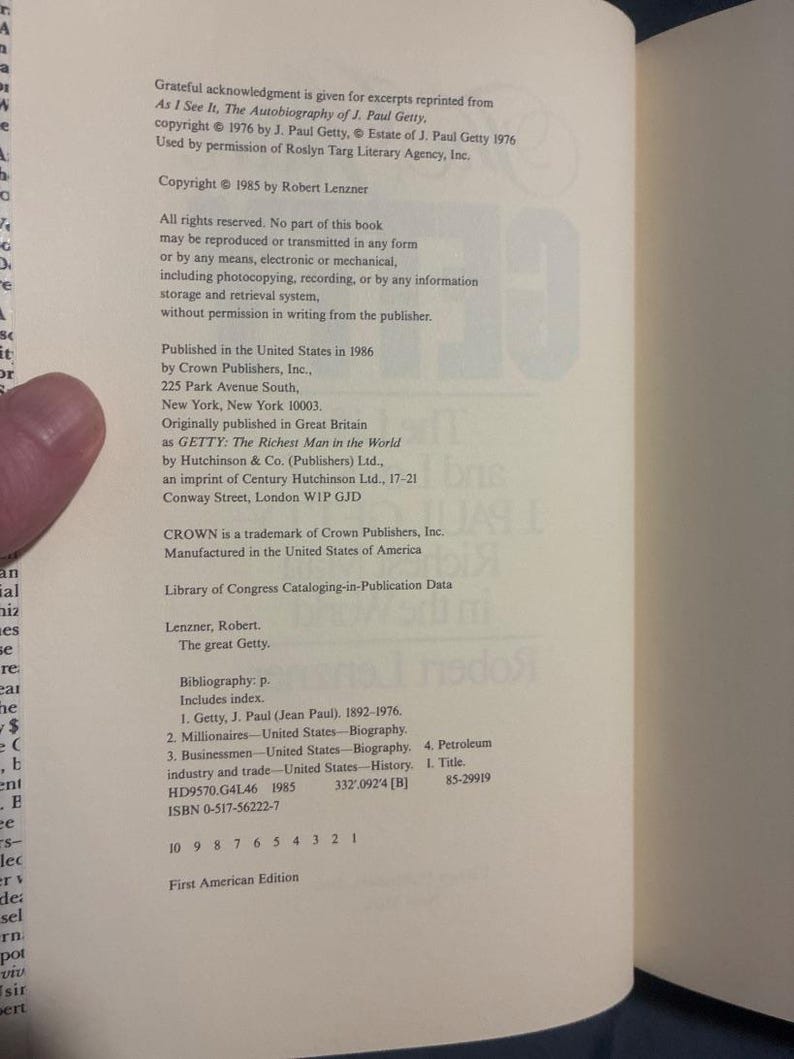El gran Getty: La vida y los amores de J. Paul Getty, el hombre más rico del mundo, por Robert Lenzner. Primera edición, primera impresión. Tapa dura. imagen 4