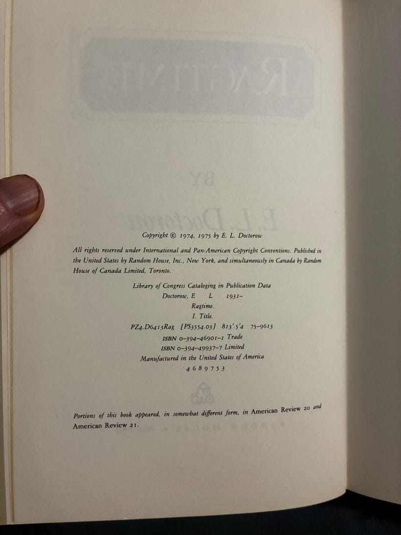 Ragtime av E.L. Doctorow Första upplagan Nästan fin/VG+ Inbunden bild 3