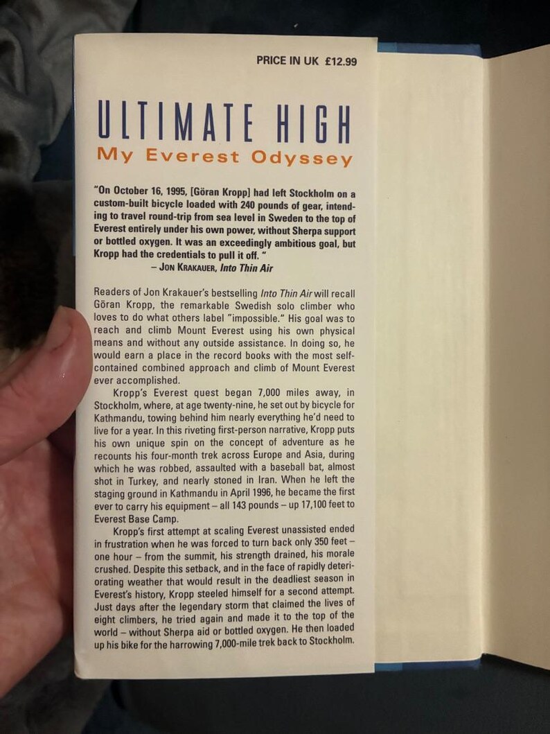 Ultimate High: My Everest Odyssey by Göran Kropp with David Lagercrantz 1999 First Edition Second Printing Near Fine/Very Good image 3
