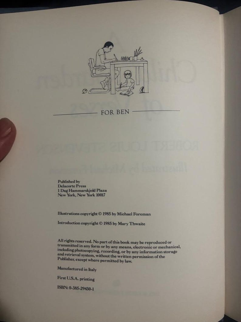 Un jardín de versos para niños de Robert Louis Stevenson 1985 Primera edición Primera impresión Excelente/Excelente imagen 5