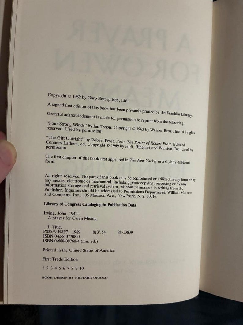 A Prayer for Owen Meany by John Irving 1989 First Edition First Printing Near Fine/Near Fine image 3