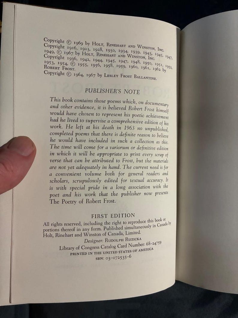 Poésie de Robert Frost, 1969, Première édition, Premier tirage, État proche du neuf/Très bon image 4