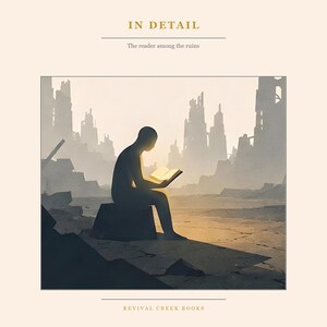 May include: A book cover titled IN DETAIL The reader among the ruins featuring a silhouette of a person sitting on a block reading a glowing book amidst a landscape of ruined buildings and cracked earth with REVIVAL CREEK BOOKS at the bottom.