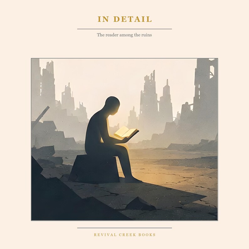 May include: A book cover titled IN DETAIL The reader among the ruins featuring a silhouette of a person sitting on a block reading a glowing book amidst a landscape of ruined buildings and cracked earth with REVIVAL CREEK BOOKS at the bottom.