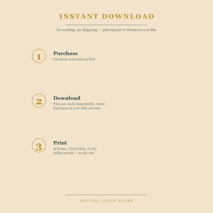 May include: A beige informational graphic with dark text outlining a three-step process: 1. Purchase, 2. Download, and 3. Print. The header reads INSTANT DOWNLOAD, and the footer displays the text REVIVAL CREEK BOOKS in a clean, sans-serif font.