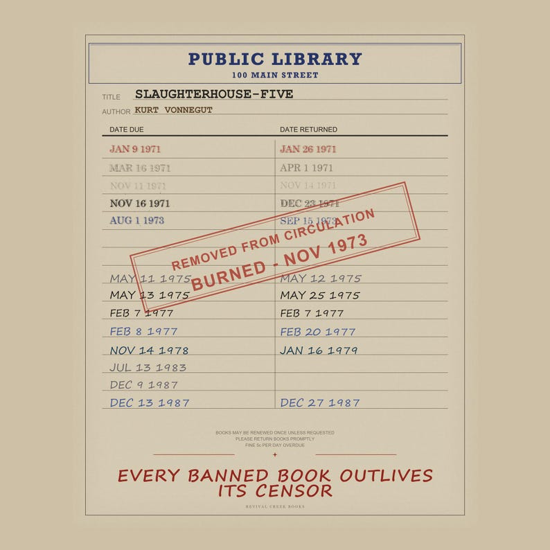 Slaughterhouse-Five Banned Book Poster | Kurt Vonnegut Library Card Print | Anti War Literature Art imagem 5