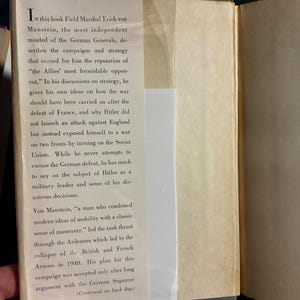 Lost Victories by Field-Marshal Erich von Manstein First Edition First Printing Near Fine/Very Good Hardcover image 4