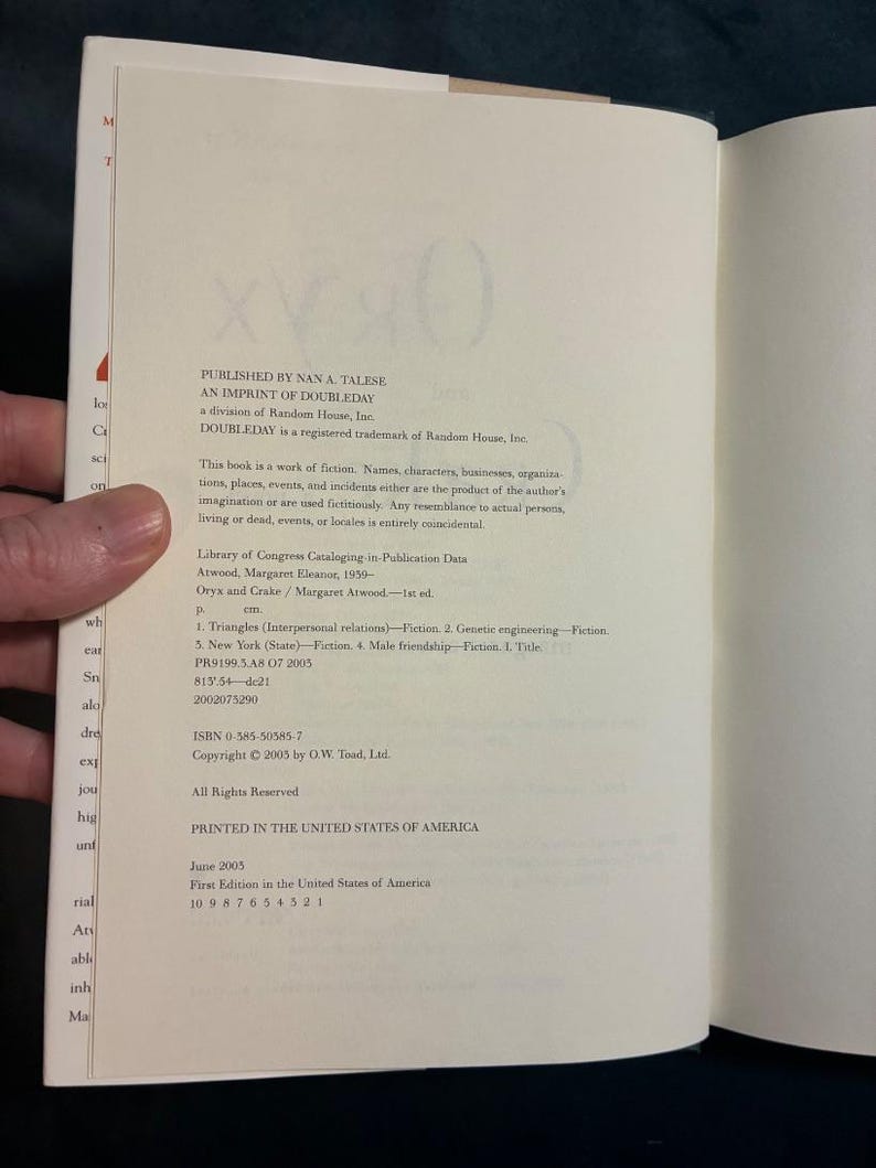 Oryx and Crake by Margaret Atwood 2003 First Edition First Printing Fine/Near Fine image 3